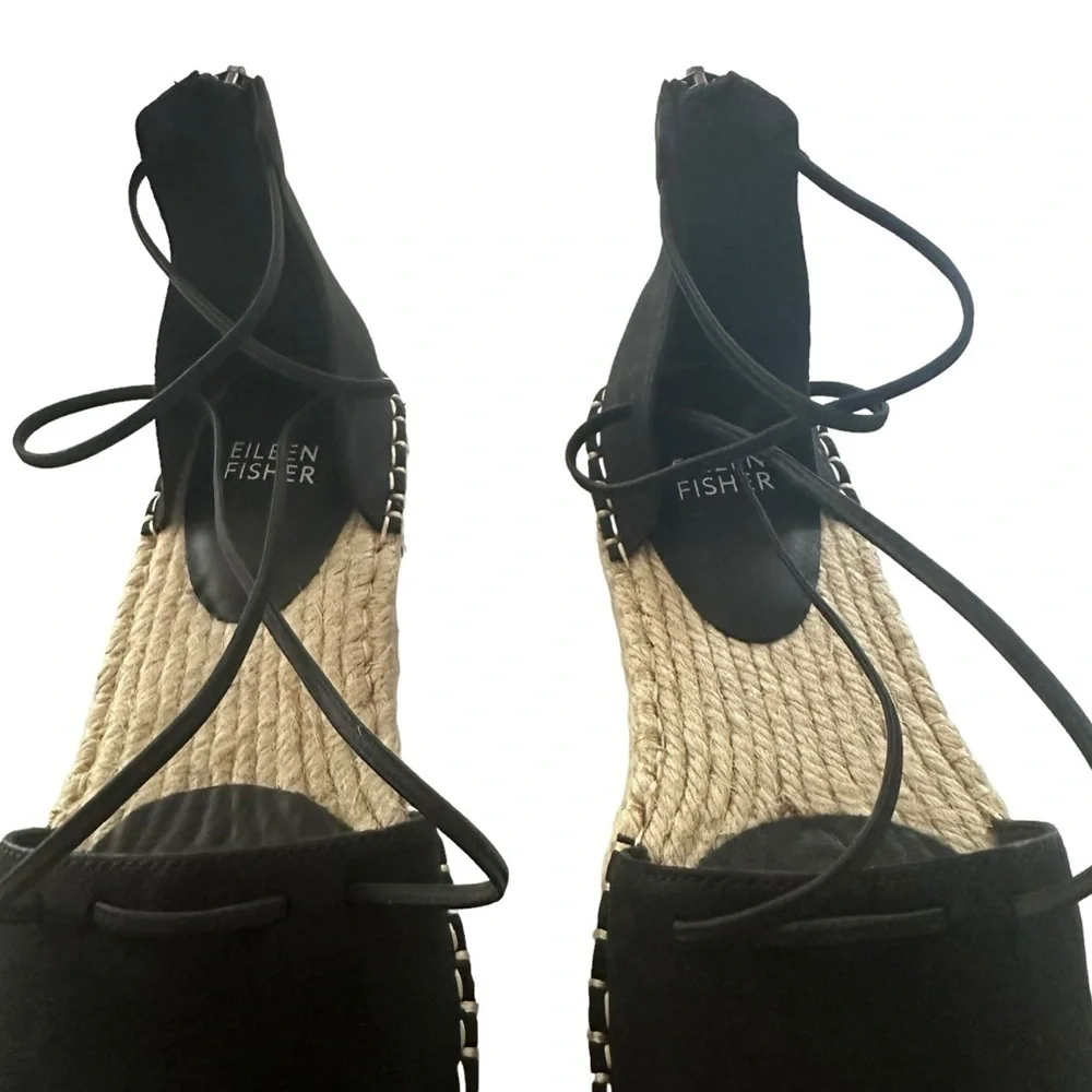 Eileen Fisher Black Leather Espadrille Lace-Up Flats Jute Sole 7 NWOB